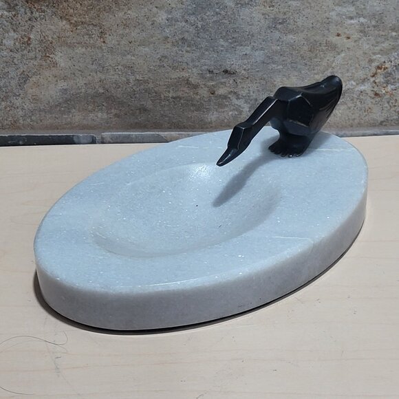 Decorative Marble Soap Dish Jewelry Holder Black Metal Bird Figure - Picture 10 of 11